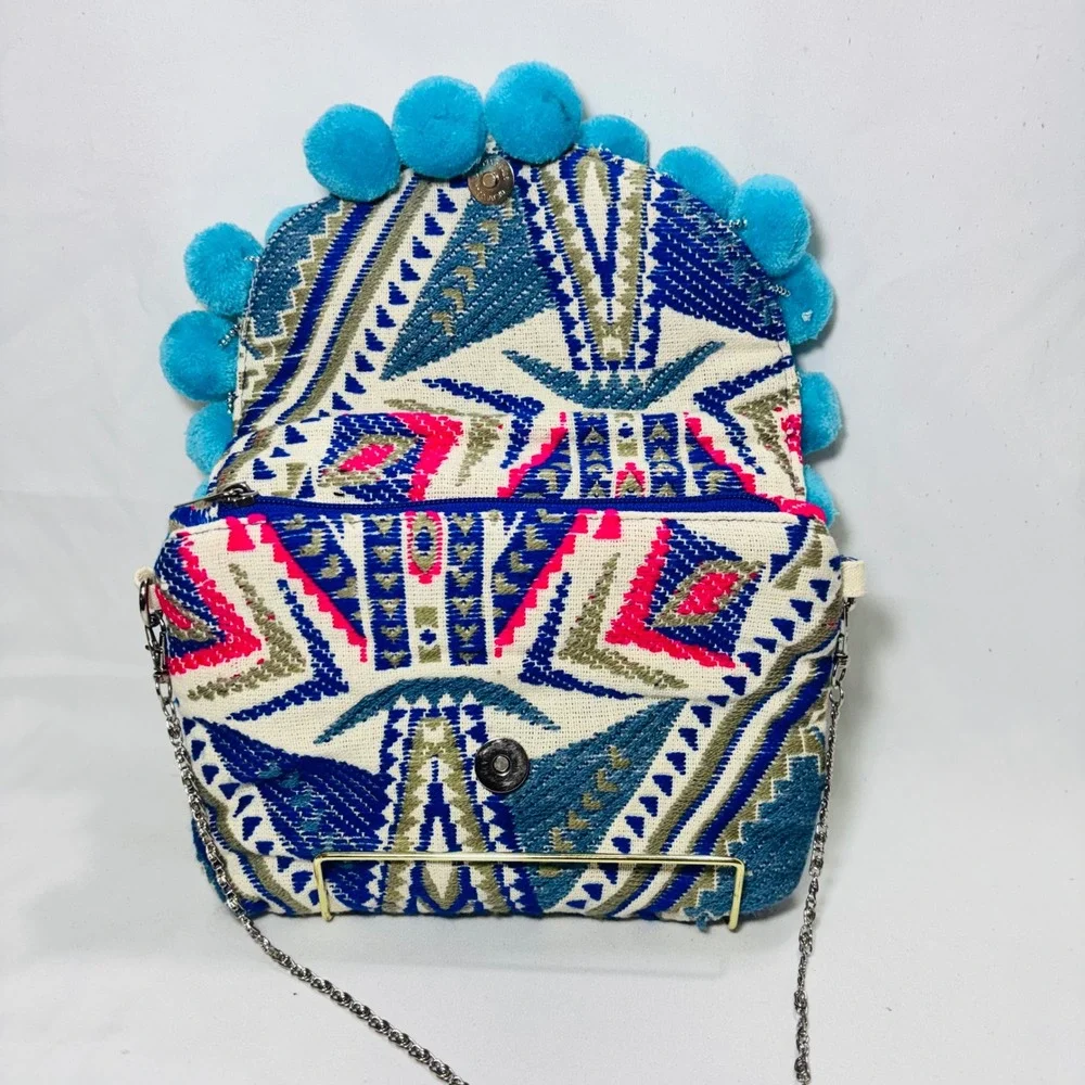Paper Source Embroidered Pom Pom Crossbody Bag Blue Pink Boho Geometric Clutch